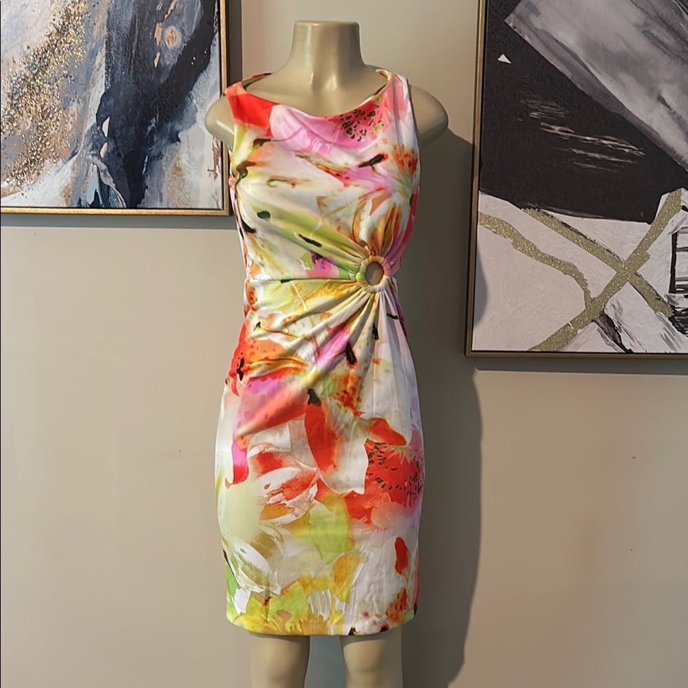 Melonie T Yellow/Coral Floral Waist Ring Cut Out size 2
